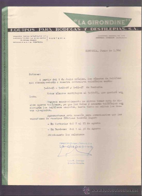 Lettres commerciales: CARTA COMERCIAL. LA GIRONDINE. EQUIPOS PARA BODEGAS. VALDESPINO. JEREZ. RENTERIA, JUNIO 1964.