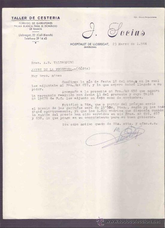 Lettres commerciales: CARTA COMERCIAL. J. LOCIAS. TALLER DE CESTERIA. VALDESPINO. JEREZ. BARCELONA, MARZO 1964.