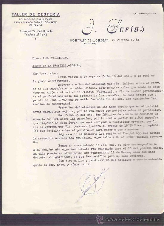 Lettres commerciales: CARTA COMERCIAL. J. LOCIAS. TALLER DE CESTERIA. VALDESPINO. JEREZ. BARCELONA, FEBRERO 1964.