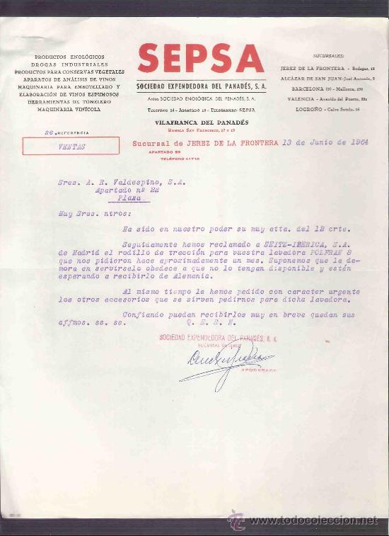 Lettres commerciales: CARTA COMERCIAL. SEPSA. SOCIEDAD EXPENDEDORA DEL PANADES, S.A. VALDESPINO. JEREZ. JUNIO 1964.
