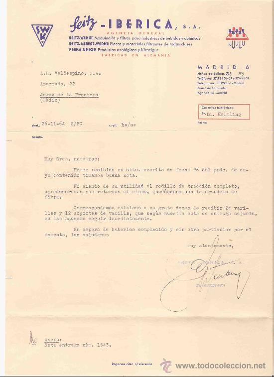 Lettres commerciales: CARTA COMERCIAL. LEITZ - IBERICA, S.A. AGENCIA GENERAL. VALDESPINO, JEREZ. NOVIEMBRE 1964.