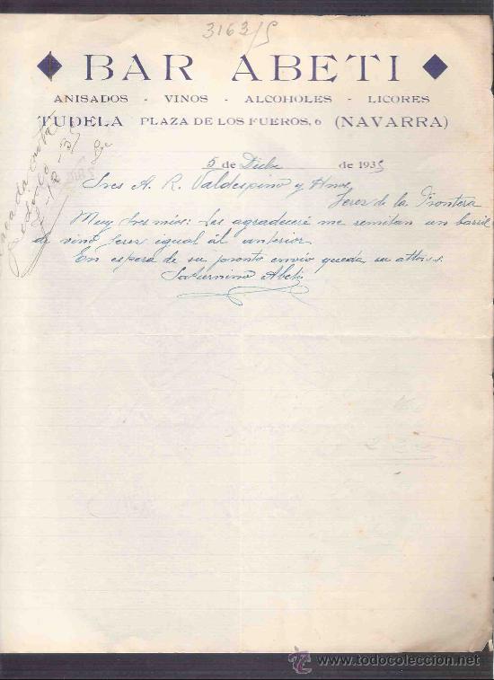 Lettres commerciales: CARTA COMERCIAL. BAR ABETI. VINOS. VALDESPINO. JEREZ. NAVARRA, DICIEMBRE 1935.