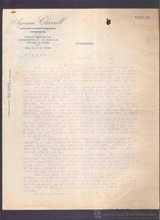 Lettres commerciales: CARTA COMERCIAL. AGENCIA CLAVELL. REPRESENTACIONES. TARRAGONA, MAYO.