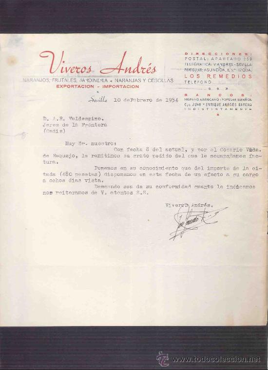 Lettres commerciales: CARTA COMERCIAL. VIVEROS ANDRES. JARDINERIA. VALDESPINO. JEREZ. SEVILLA, FEBRERO 1954.