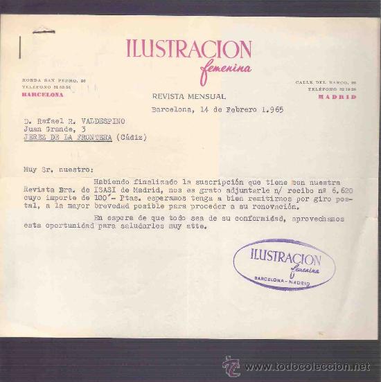 Lettres commerciales: CARTA COMERCIAL. ILUSTRACION FEMENINA. REVISTA. VALDESPINO. JEREZ. BARCELONA, FEBRERO 1965.