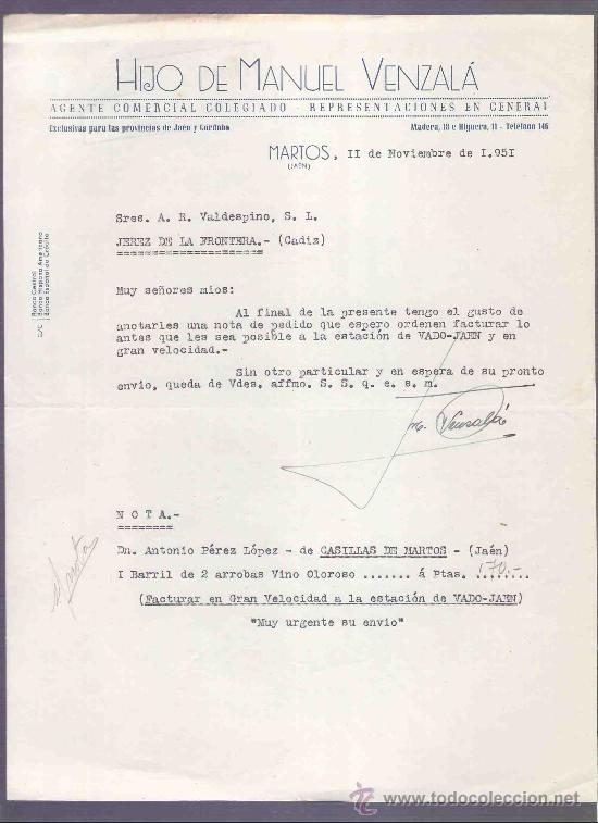 Lettres commerciales: CARTA COMERCIAL. HIJO DE MANUEL VENZALA. AGENTE COMERCIAL. A.R. VALDESPINO. JEREZ. MARTOS, NOV.,1951