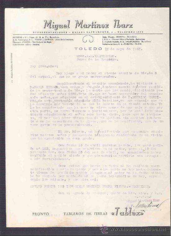 Lettres commerciales: CARTA COMERCIAL. MIGUEL MARTINEZ IBARZ. TABLEX.  A.R. VALDESPINO. JEREZ.  TOLEDO, MAYO 1951.