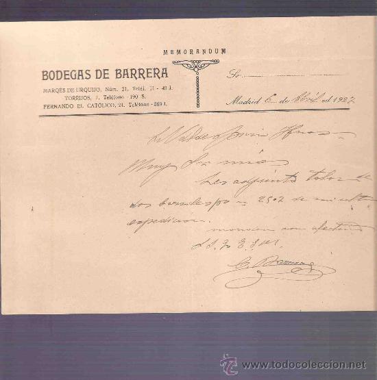 Lettres commerciales: CARTA COMERCIAL. BODEGAS DE BARRERA. MEMORANDUM. VALDESPINO. JEREZ. MADRID, ABRIL 1927.