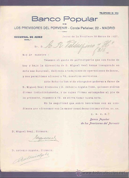 Lettres commerciales: CARTA COMERCIAL. BANCO POPULAR. PREVISORES DEL PORVENIR. VALDESPINO. JEREZ. MARZO 1927.