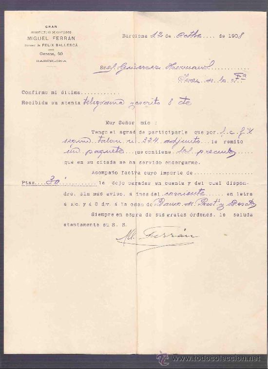 Lettres commerciales: CARTA COMERCIAL. MIGUEL FERRAN. GUTIERREZ HNOS. JEREZ. BARCELONA, OCTUBRE 1908.