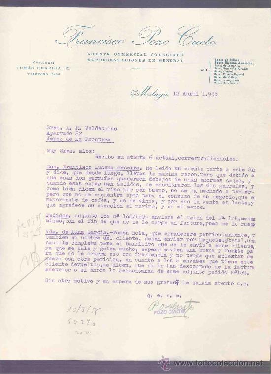 Lettres commerciales: CARTA COMERCIAL. FRANCISCO POZO CUETO. AGENTE COMERCIAL. A.R. VALDESPINO. JEREZ. MALAGA, 1955, ABRIL