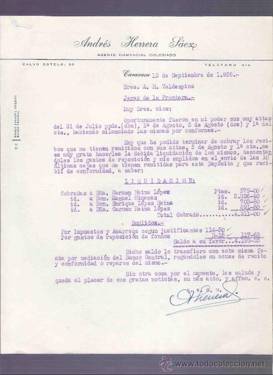 Lettres commerciales: CARTA COMERCIAL. ANDRES HERRERA LAEZ. AGENTE COMERCIAL.  A.R. VALDESPINO. JEREZ. CARAVACA, SEPT 1958