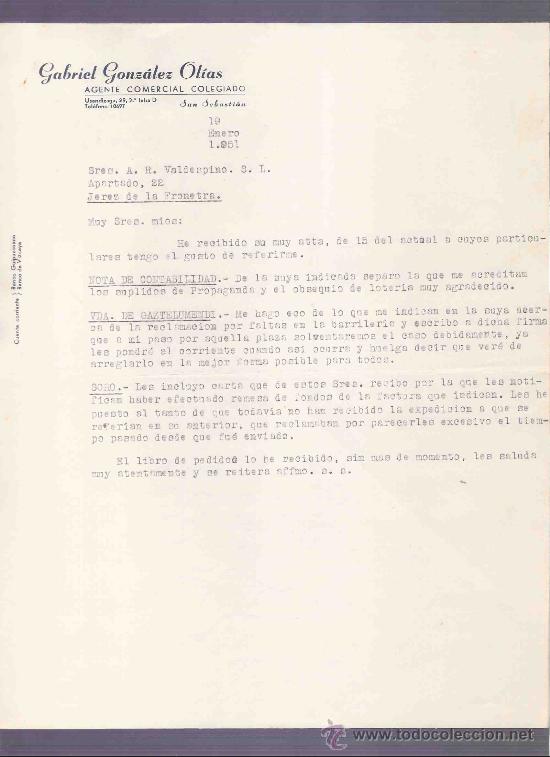 Lettres commerciales: CARTA COMERCIAL. GABRIEL GONZALEZ OLIAS. AGENTE. VALDESPINO. JEREZ. SAN SEBASTIAN, ENERO 1951.