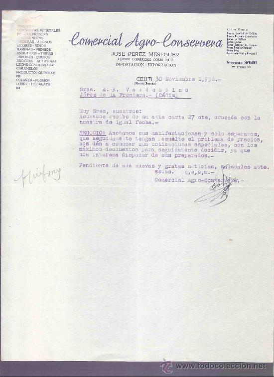 Lettere commerciali: CARTA COMERCIAL. COMERCIAL AGRO-CONSERVERA. PEREZ MESEGUER. VALDESPINO. CEUTI, NOVIEMBRE 1956.