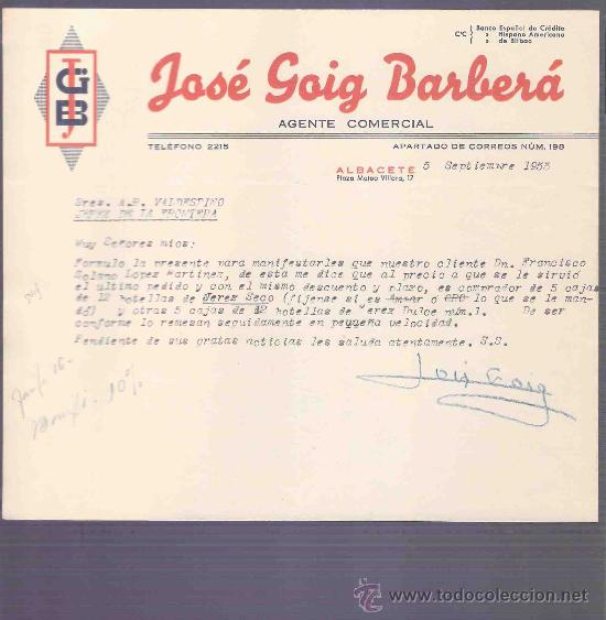 Lettere commerciali: CARTA COMERCIAL. JOSE GOIG BARBERA. AGENTE COMERCIAL.  A.R. VALDESPINO. JEREZ. ALBACETE,  1955, SEP.