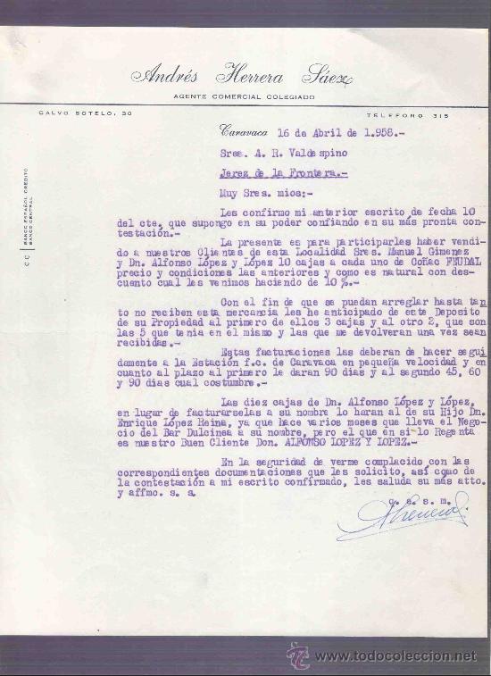 Cartas comerciales: CARTA COMERCIAL. ANDRES HERRERA LAEZ. AGENTE COMERCIAL.  A.R. VALDESPINO. JEREZ. CARAVACA,ABRIL 1958