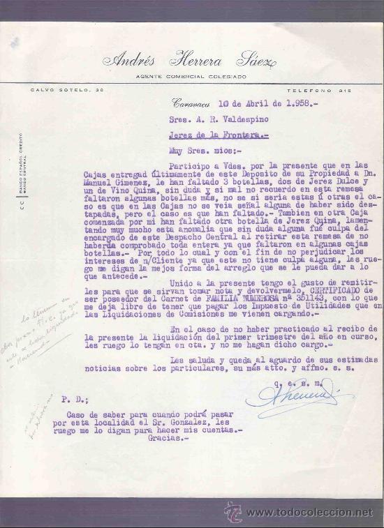 Cartas comerciales: CARTA COMERCIAL. ANDRES HERRERA LAEZ. AGENTE COMERCIAL.  A.R. VALDESPINO. JEREZ. CARAVACA,ABRIL 1958