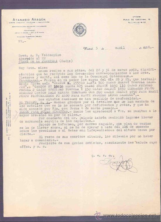 Cartas comerciales: CARTA COMERCIAL. ATANASIO ARAGON. AGENTE COMERCIAL. VALDESPINO. JEREZ. MADRID, 1958, ABRIL.