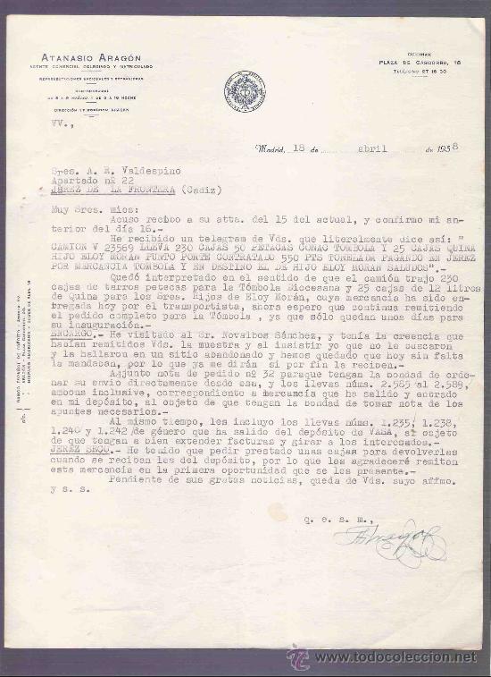 Cartas comerciales: CARTA COMERCIAL. ATANASIO ARAGON. AGENTE COMERCIAL. VALDESPINO. JEREZ. MADRID, 1958, ABRIL.