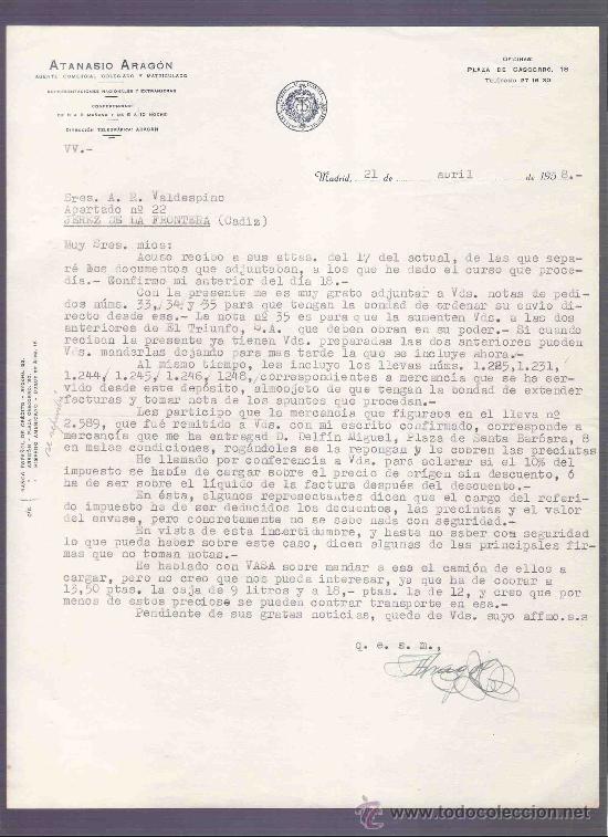 Cartas comerciales: CARTA COMERCIAL. ATANASIO ARAGON. AGENTE COMERCIAL. VALDESPINO. JEREZ. MADRID, 1958, ABRIL.