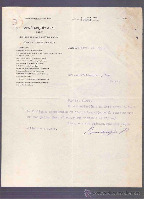 Cartas comerciales: CARTA COMERCIAL. RENE ARQUIS & CIA. VALDESPINO. JEREZ. CADIZ, ABRIL 1930.