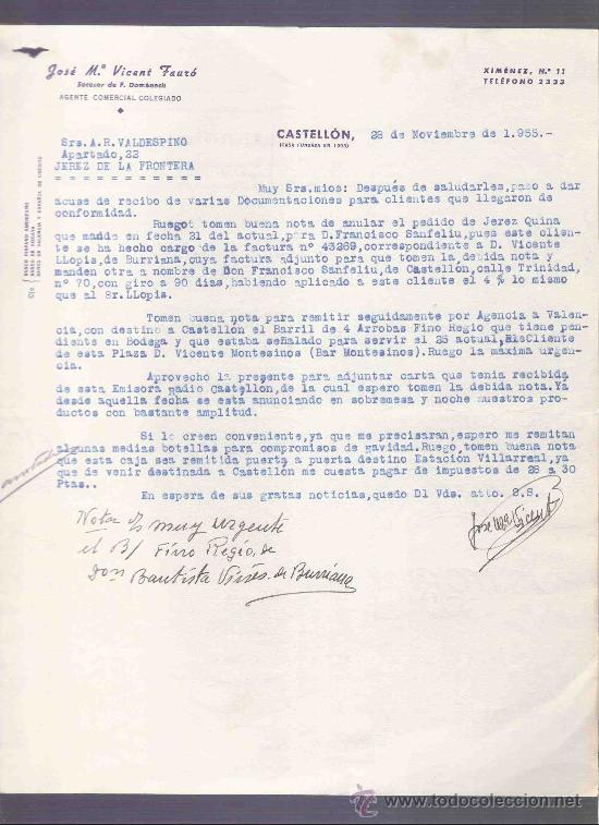 Cartas comerciales: CARTA COMERCIAL. JOSE MARIA VICENT FAURO. AGENTE. VALDESPINO. JEREZ. CASTELLON, NOVIEMBRE 1955.