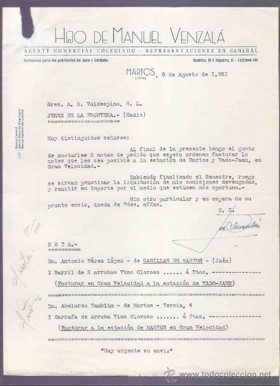 Commercial Letters: CARTA COMERCIAL. HIJO DE MANUEL VENZALA. AGENTE COMERCIAL. A.R. VALDESPINO. JEREZ. MARTOS, AGO. 1951