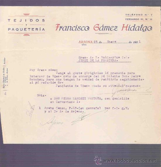 Commercial Letters: CARTA COMERCIAL. FRANCISCO GAMEZ HIDALGO. TEJIDOS. A.R. VALDESPINO. JEREZ. ARJONA, ENERO 1951.