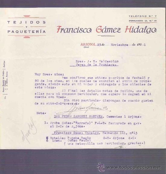 Commercial Letters: CARTA COMERCIAL. FRANCISCO GAMEZ HIDALGO. TEJIDOS. A.R. VALDESPINO. JEREZ. ARJONA, NOVIEMBRE 1951.