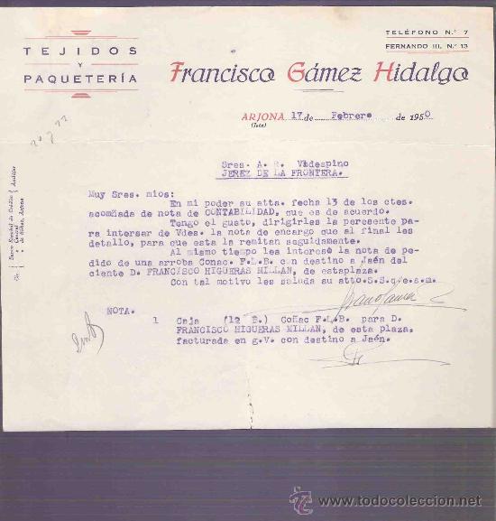 Commercial Letters: CARTA COMERCIAL. FRANCISCO GAMEZ HIDALGO. TEJIDOS. A.R. VALDESPINO. JEREZ. ARJONA, ENERO 1950.