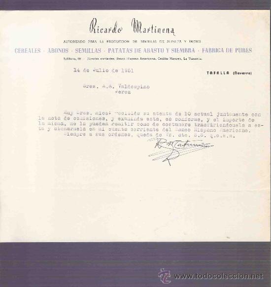 Commercial Letters: CARTA COMERCIAL. RICARDO MARTINENA. CEREALES. A.R. VALDESPINO. JEREZ. TAFALLA, JULIO 1951.