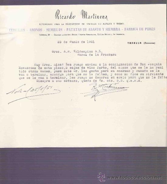 Commercial Letters: CARTA COMERCIAL. RICARDO MARTINENA. CEREALES. A.R. VALDESPINO. JEREZ. TAFALLA, JUNIO 1951.