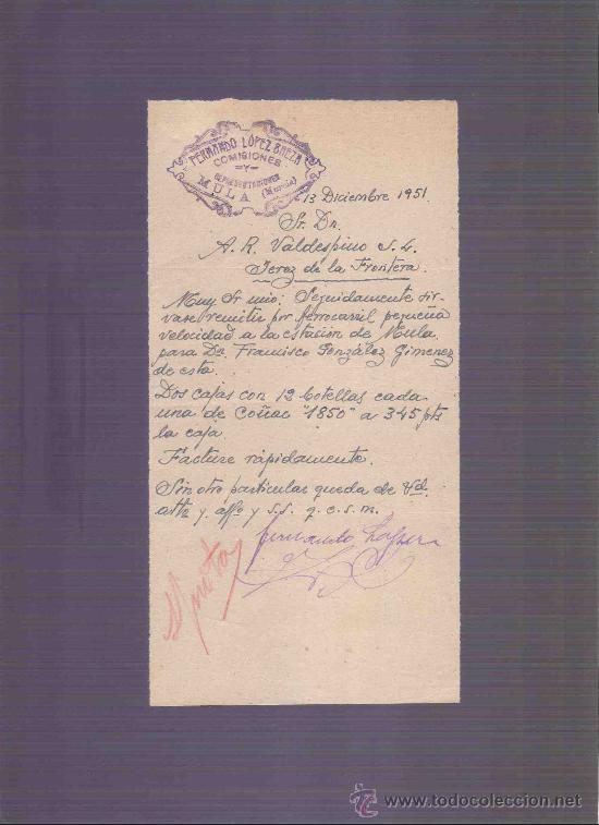 Cartas comerciales: CARTA COMERCIAL. FERNANDO LOPEZ BAEZA. COMISIONES. VALDESPINO. JEREZ. MURCIA, DICIEMBRE 1951.
