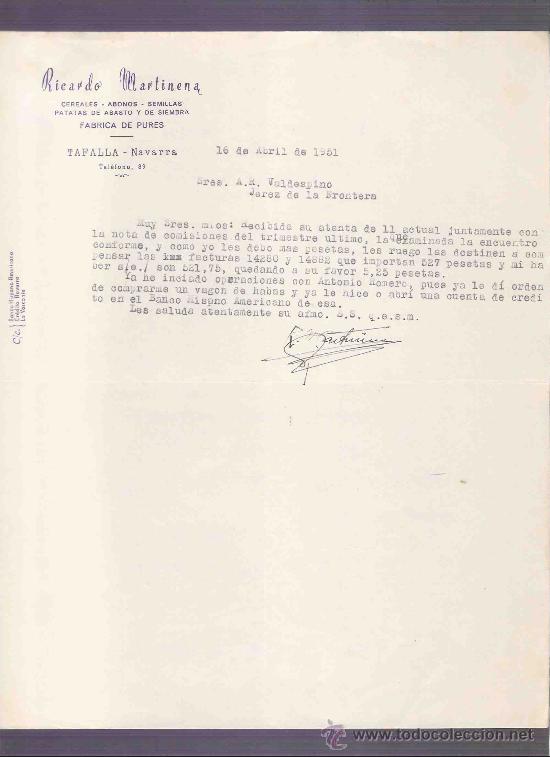 Cartas comerciales: CARTA COMERCIAL. RICARDO MARTINENA. CEREALES. A.R. VALDESPINO. JEREZ. TAFALLA, ABRIL 1951.