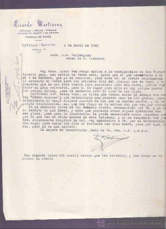 Cartas comerciales: CARTA COMERCIAL. RICARDO MARTINENA. CEREALES. A.R. VALDESPINO. JEREZ. TAFALLA, ABRIL 1951.