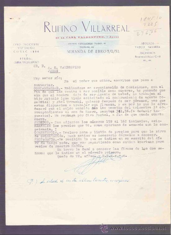 Cartas comerciales: CARTA COMERCIAL. RUFINO VILLAREAL. A.R. VALDESPINO. JEREZ. MIRANDA DE EBRO, FEBRERO 1951.