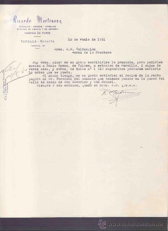 Cartas comerciales: CARTA COMERCIAL. RICARDO MARTINENA. CEREALES. A.R. VALDESPINO. JEREZ. TAFALLA, JUNIO 1951.