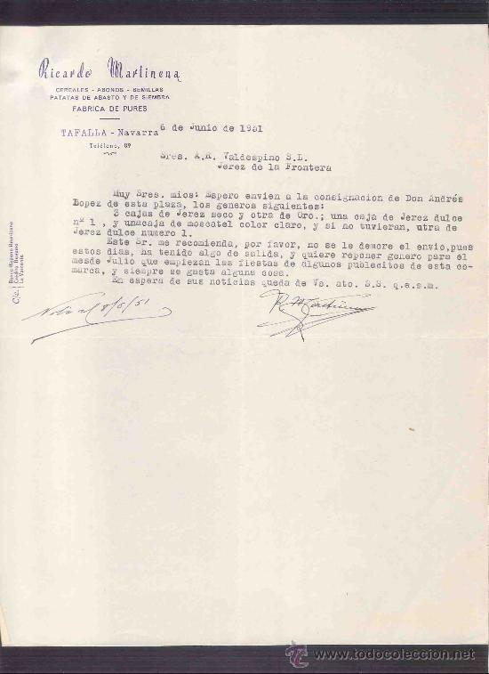 Cartas comerciales: CARTA COMERCIAL. RICARDO MARTINENA. CEREALES. A.R. VALDESPINO. JEREZ. TAFALLA, JUNIO 1951.