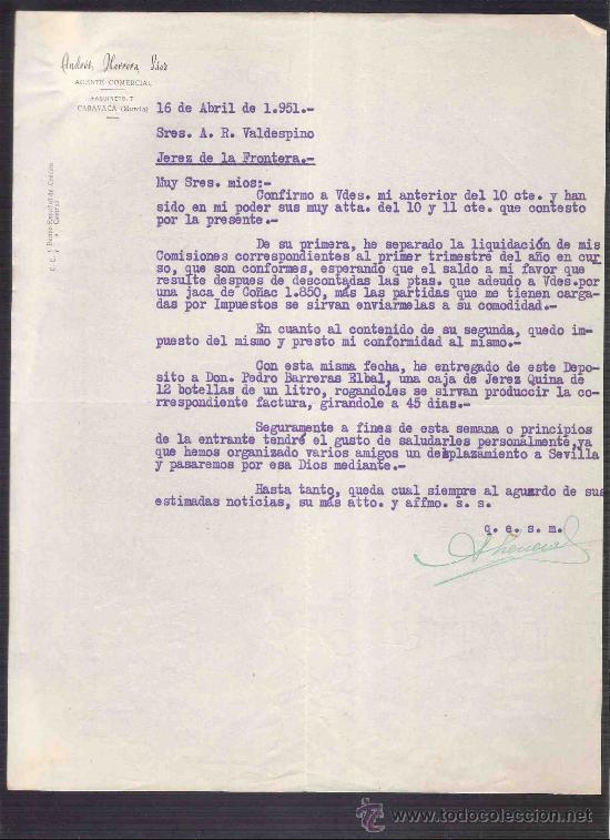 Cartas comerciales: CARTA COMERCIAL. ANDRES HERRERA LAEZ. AGENTE COMERCIAL.  A.R. VALDESPINO. JEREZ. CARAVACA,ABRIL 1951