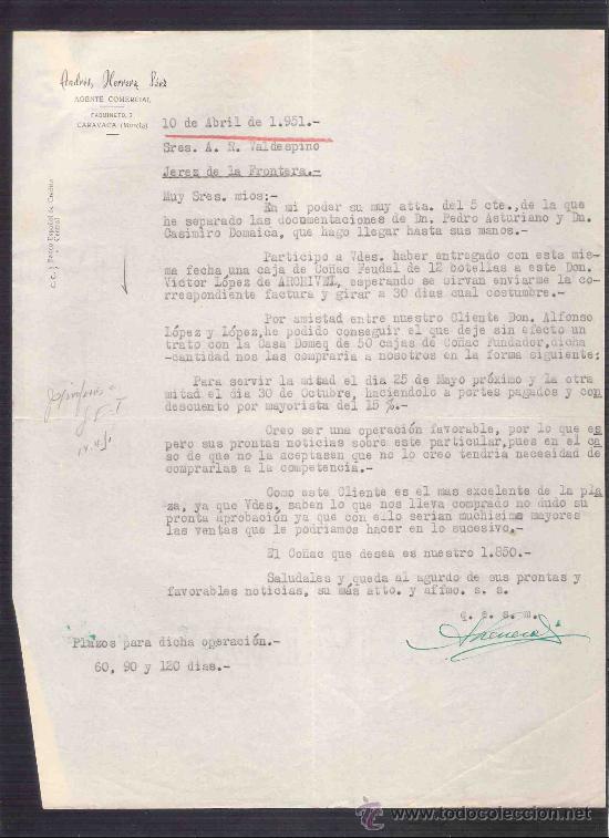 Cartas comerciales: CARTA COMERCIAL. ANDRES HERRERA LAEZ. AGENTE COMERCIAL.  A.R. VALDESPINO. JEREZ. CARAVACA,ABRIL 1951