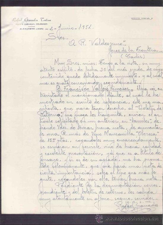 Cartas comerciales: CARTA COMERCIAL. RAFAEL GRANADOS TORTOSA. AGENTE. A.R. VALDESPINO. JEREZ. JAEN, JUNIO 1951.