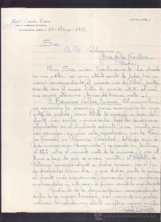 Cartas comerciales: CARTA COMERCIAL. RAFAEL GRANADOS TORTOSA. AGENTE. A.R. VALDESPINO. JEREZ. JAEN, MAYO 1951.