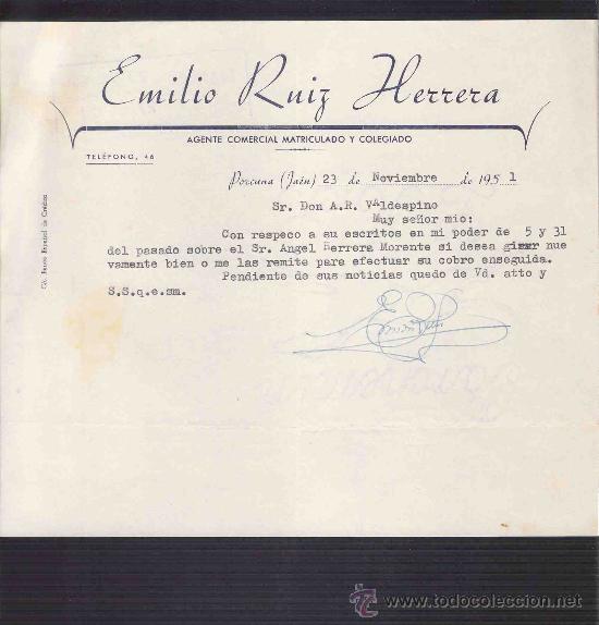 Cartas comerciales: CARTA COMERCIAL. EMILIO RUIZ HERRERA. AGENTE. A.R. VALDESPINO. JEREZ. JAEN, NOVIEMBRE 1951.