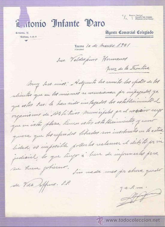 Cartas comerciales: CARTA COMERCIAL. ANTONIO INFANTE VARO. AGENTE COMERCIAL. VALDESPINO, JEREZ.  CORDOBA, MARZO 1951.
