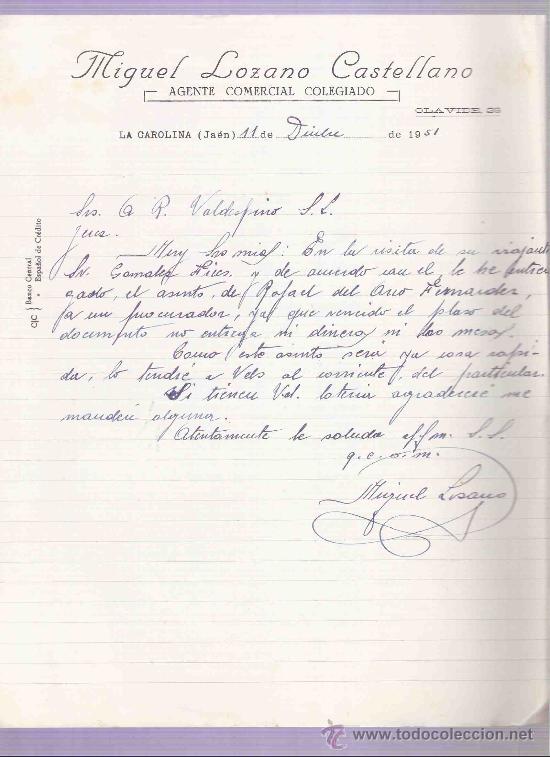 Gesch&auml;ftsbriefe: CARTA COMERCIAL. MIGUEL LOZANO CASTELLANO. AGENTE. A.R. VALDESPINO. JEREZ. JAEN, DICIEMBRE 1951.