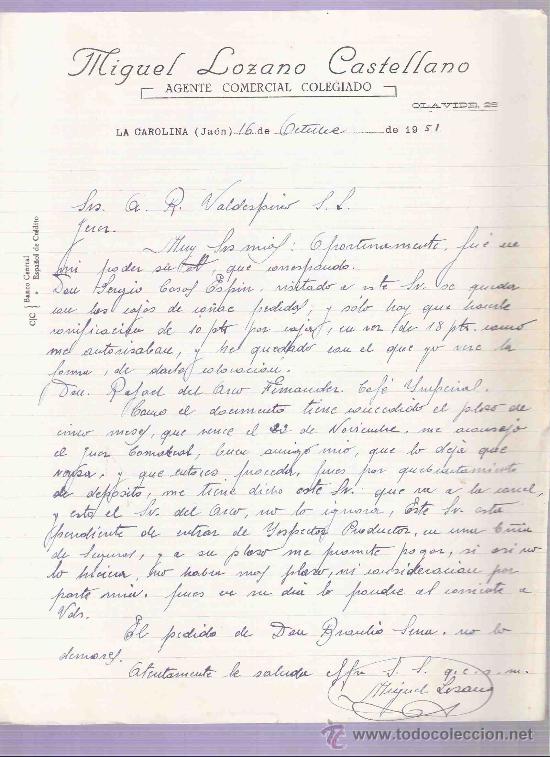 Gesch&auml;ftsbriefe: CARTA COMERCIAL. MIGUEL LOZANO CASTELLANO. AGENTE. A.R. VALDESPINO. JEREZ. JAEN, OCTUBRE 1951.