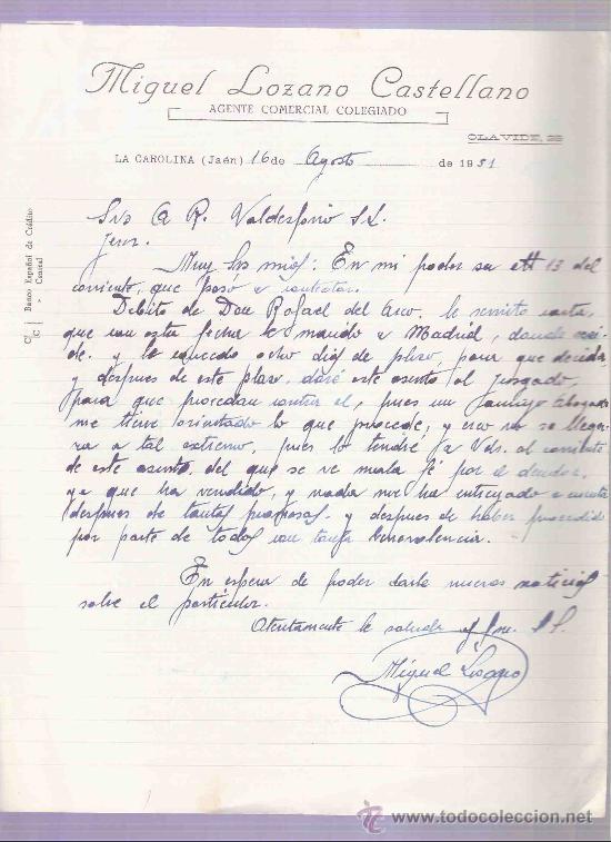 Gesch&auml;ftsbriefe: CARTA COMERCIAL. MIGUEL LOZANO CASTELLANO. AGENTE. A.R. VALDESPINO. JEREZ. JAEN, AGOSTO 1951.