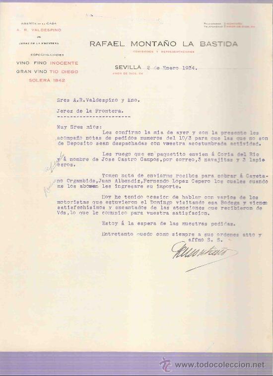 Gesch&auml;ftsbriefe: CARTA COMERCIAL. RAFAEL MONTA&Ntilde;O LA BASTIDA. COMISIONES. A.R. VALDESPINO. JEREZ. SEVILLA, ENERO 1934.