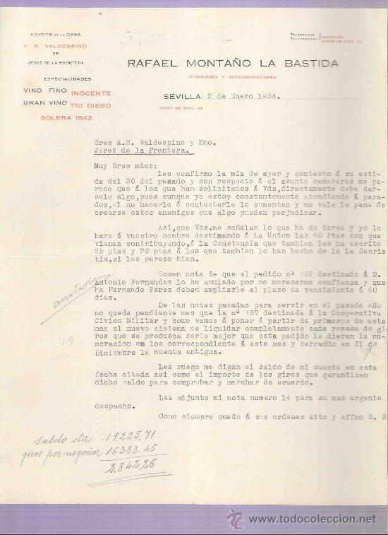 Gesch&auml;ftsbriefe: CARTA COMERCIAL. RAFAEL MONTA&Ntilde;O LA BASTIDA. COMISIONES. A.R. VALDESPINO. JEREZ. SEVILLA, ENERO 1934.