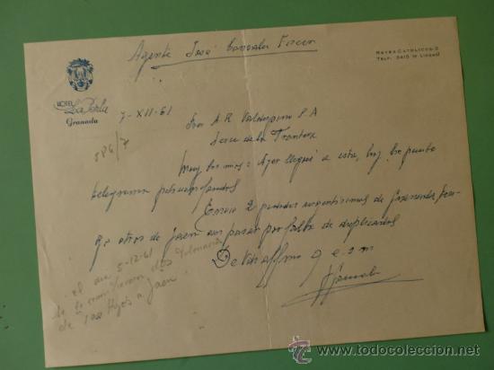 Gesch&auml;ftsbriefe: CARTA COMERCIAL. GRANADA, 7-12-61. HOTEL LA PERLA.